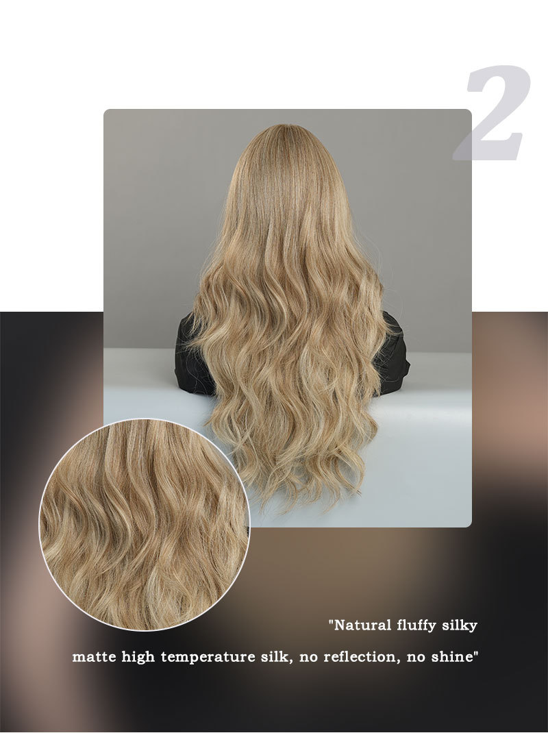 A wig with blonde highlights and long curly hair, designed as a large wavy synthetic wig that's ready to wear.