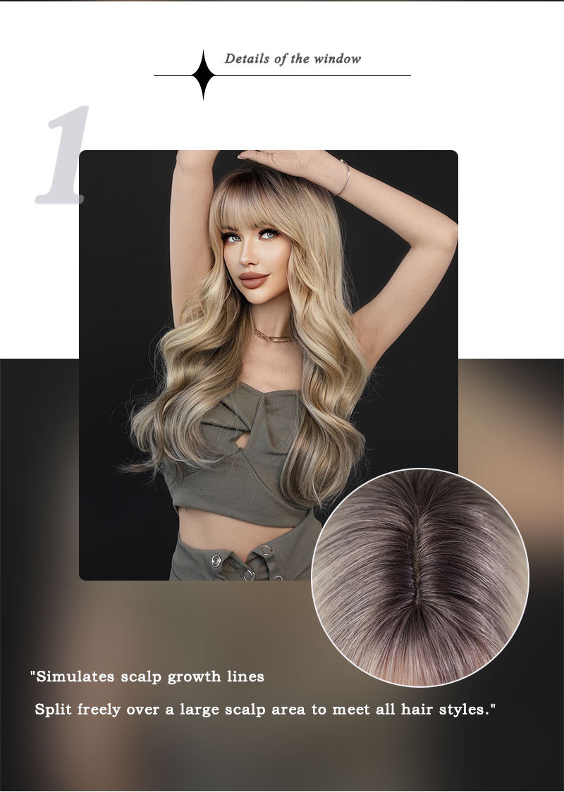 A ready-to-go large wavy synthetic wig featuring blonde highlights, bangs, and long curly hair for a stylish look