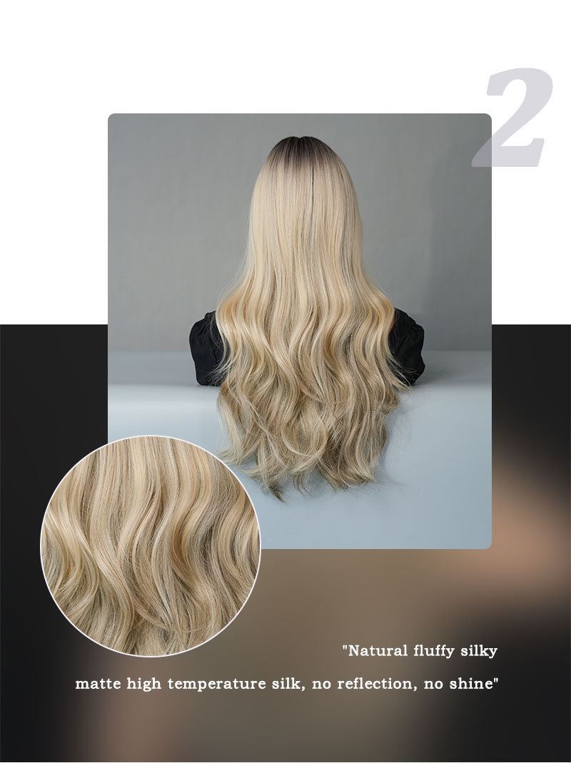 A wig with blonde highlights, bangs, and long curly hair, designed as a large wavy synthetic wig that's ready to wear