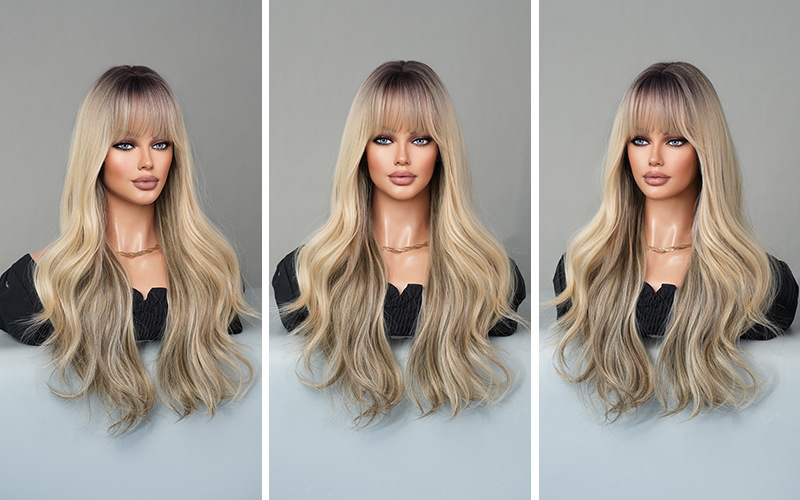 A fashionable wig with blonde highlights and bangs, featuring long curly hair in a large wavy synthetic design