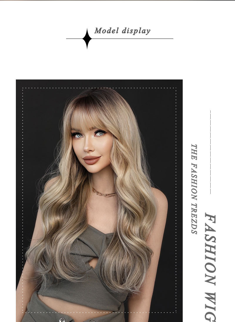 A synthetic wig designed for a ready-to-go style, featuring a large wavy design with blonde highlights, bangs, and long curly hair