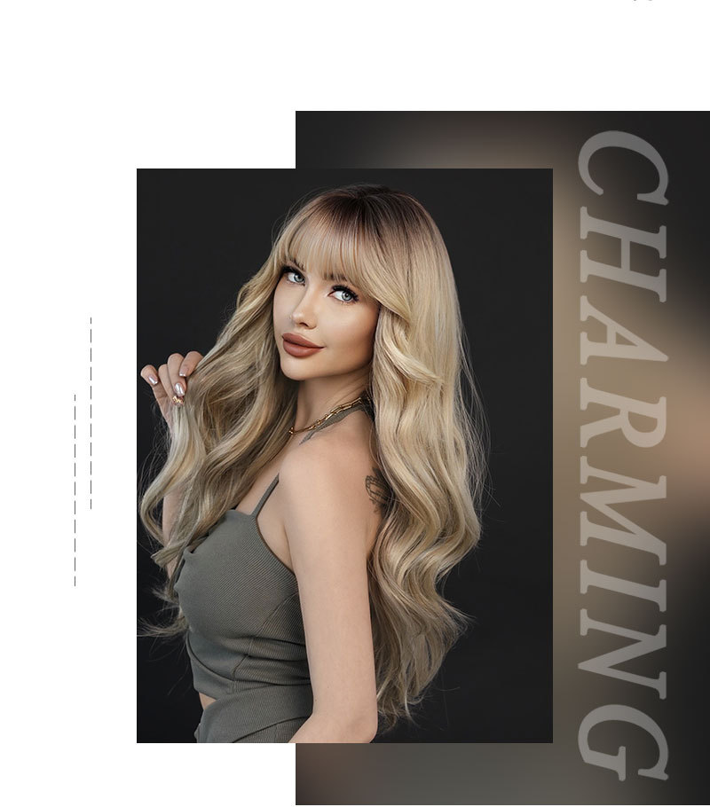 Achieve effortless elegance with this large wavy synthetic wig, featuring blonde highlights and stylish bangs