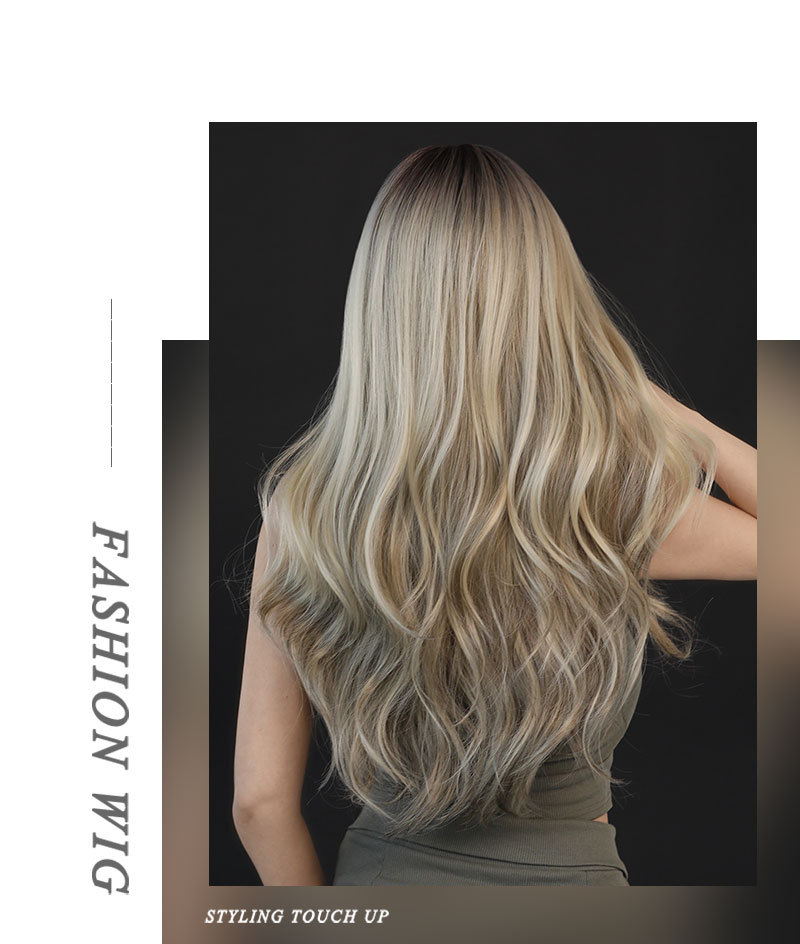Embrace a chic and stylish look with this long curly synthetic wig, showcasing blonde highlights and trendy bangs