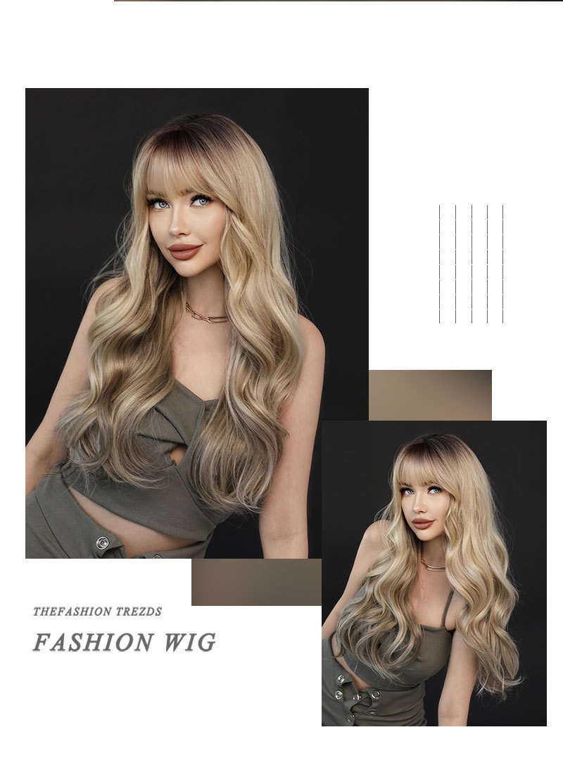 Get ready-to-go glamour with this large wavy synthetic wig, highlighting blonde hues and complemented by fashionable bangs