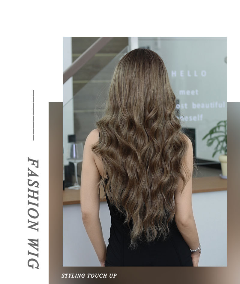 Transform into an elegant beauty effortlessly with this large wavy synthetic wig, styled in dark brown for a timeless appeal