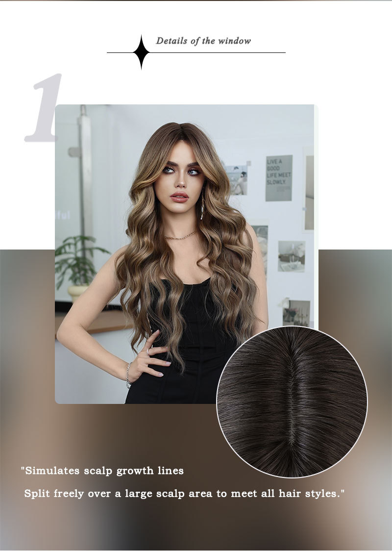 A ready-to-go large wavy synthetic wig featuring dark brown highlights and long curly hair for a stylish look