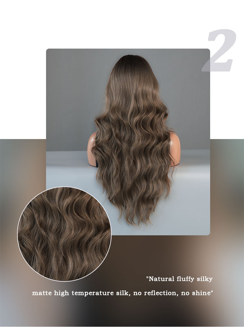 A wig with dark brown highlights and long curly hair, designed as a large wavy synthetic wig that's ready to wear