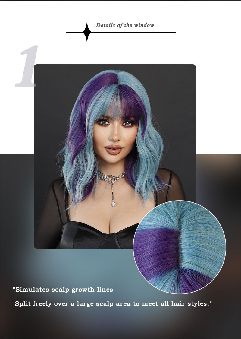 A synthetic wig in purple blue with medium-length curly hair, ready to go