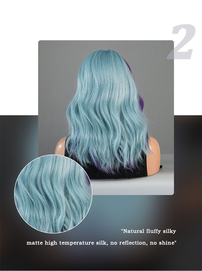 Image of a synthetic wig in purple blue with medium-length curly hair, styled and ready to go