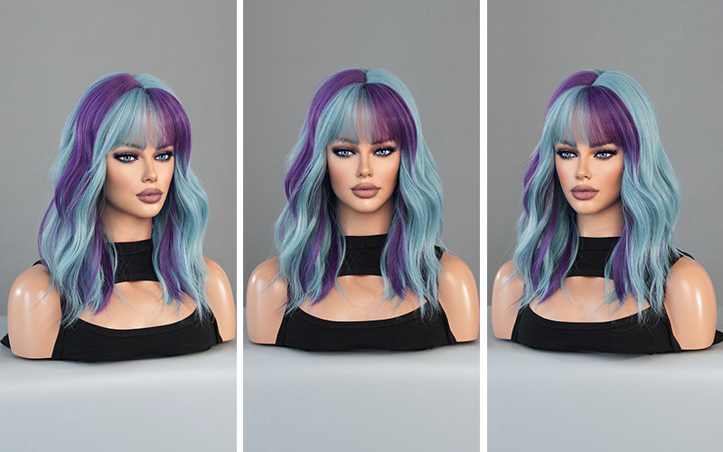 mage of a purple blue synthetic wig with medium-length curly hair, fashionable and ready to go