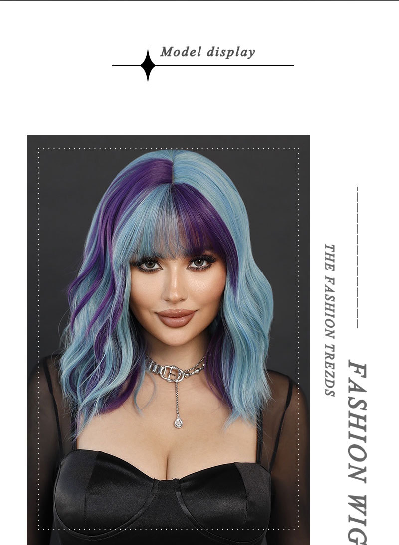 A synthetic wig in purple blue with medium-length curly hair, styled and ready to go