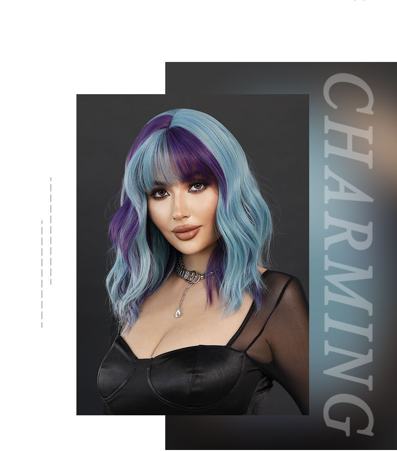 A synthetic wig in purple blue with medium-length curly hair, styled and ready to go
