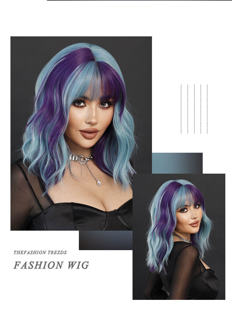 Stylish synthetic wig in purple blue with medium-length curly hair, designed for convenience and ready to wear