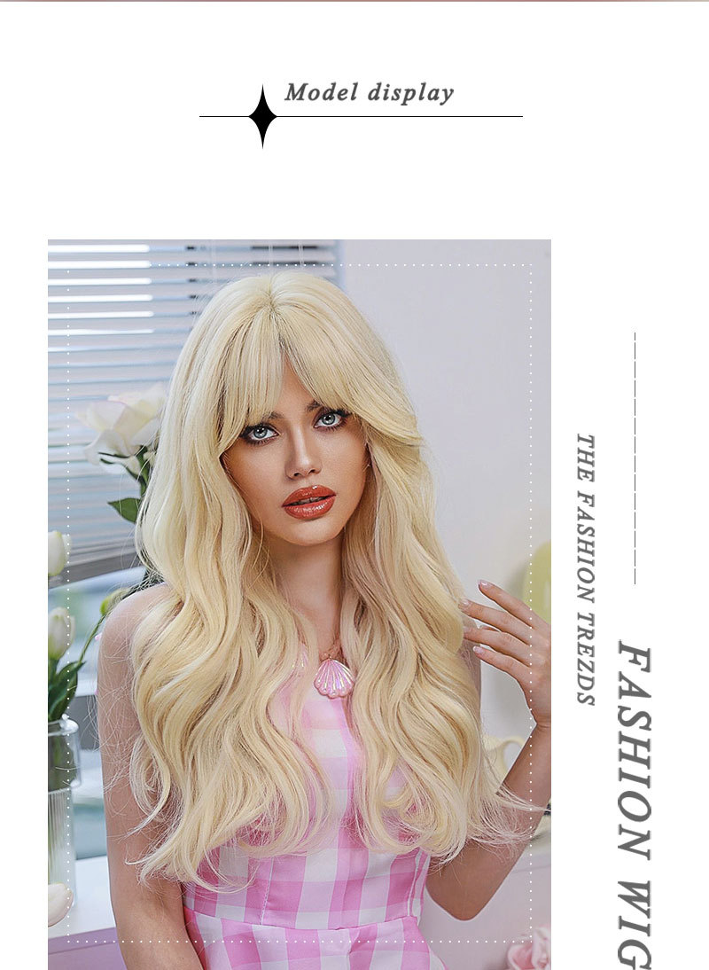 Long curly synthetic wig by Yinraohair, in Barbie blonde color, with stylish bangs, ready to go