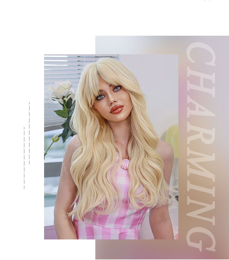 Trendy synthetic wig by Yinraohair, in Barbie blonde color, featuring long curly hair with bangs, stylish full head set, ready to go