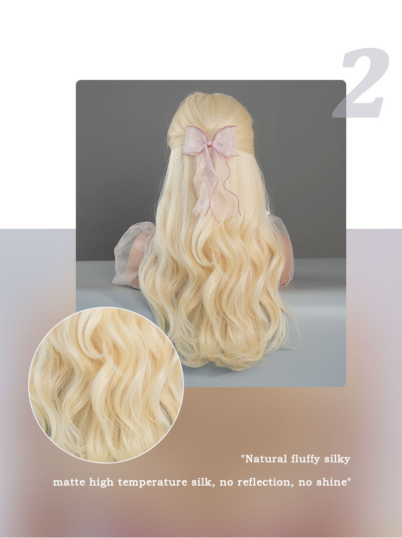 Yinraohair synthetic wig in stylish Barbie blonde color, with long curly hair and bangs, ready to go
