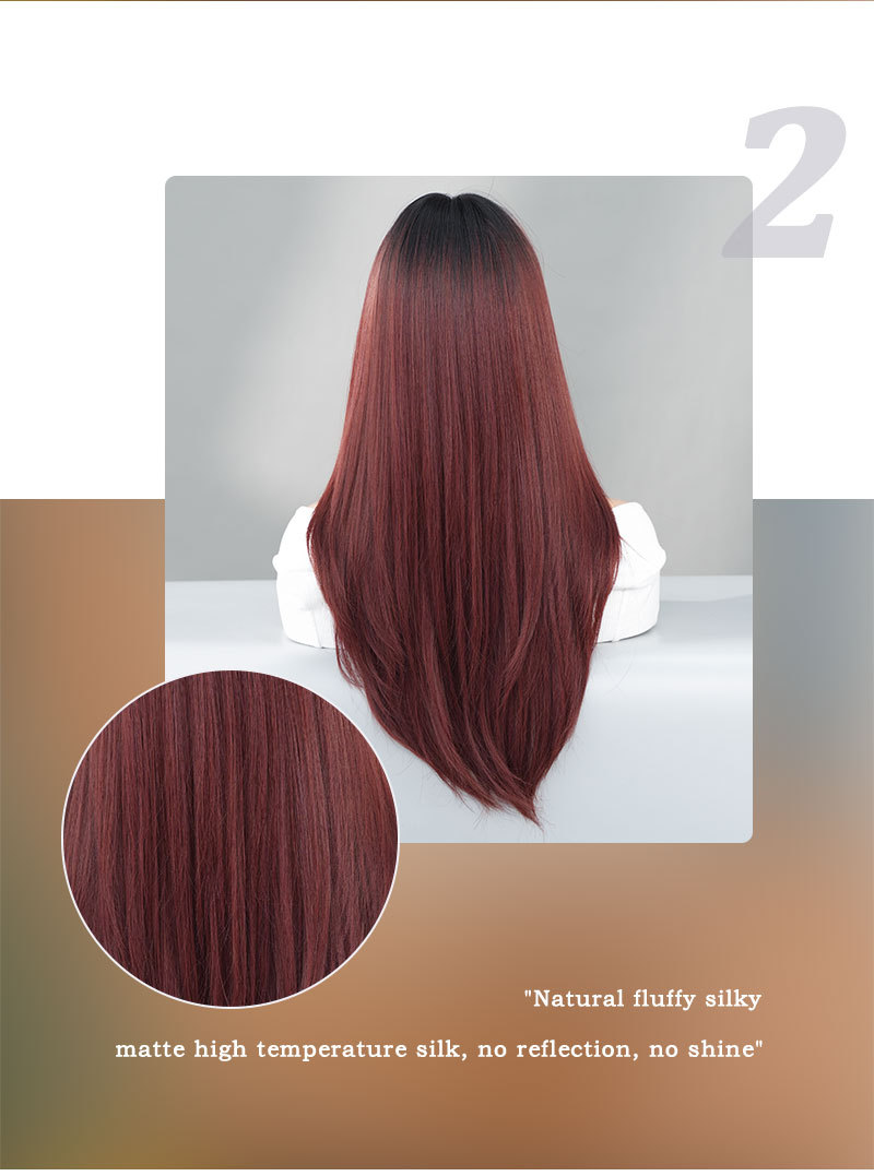 A stylish dark red wig with long curly synthetic hair, designed for a fashionable and ready-to-wear appearance