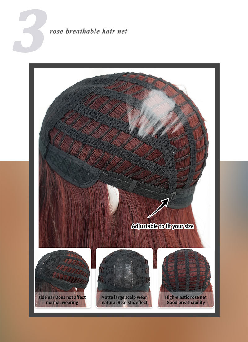 A synthetic wig with long curly dark red hair, featuring a fashionable and stylish design for trendy looks