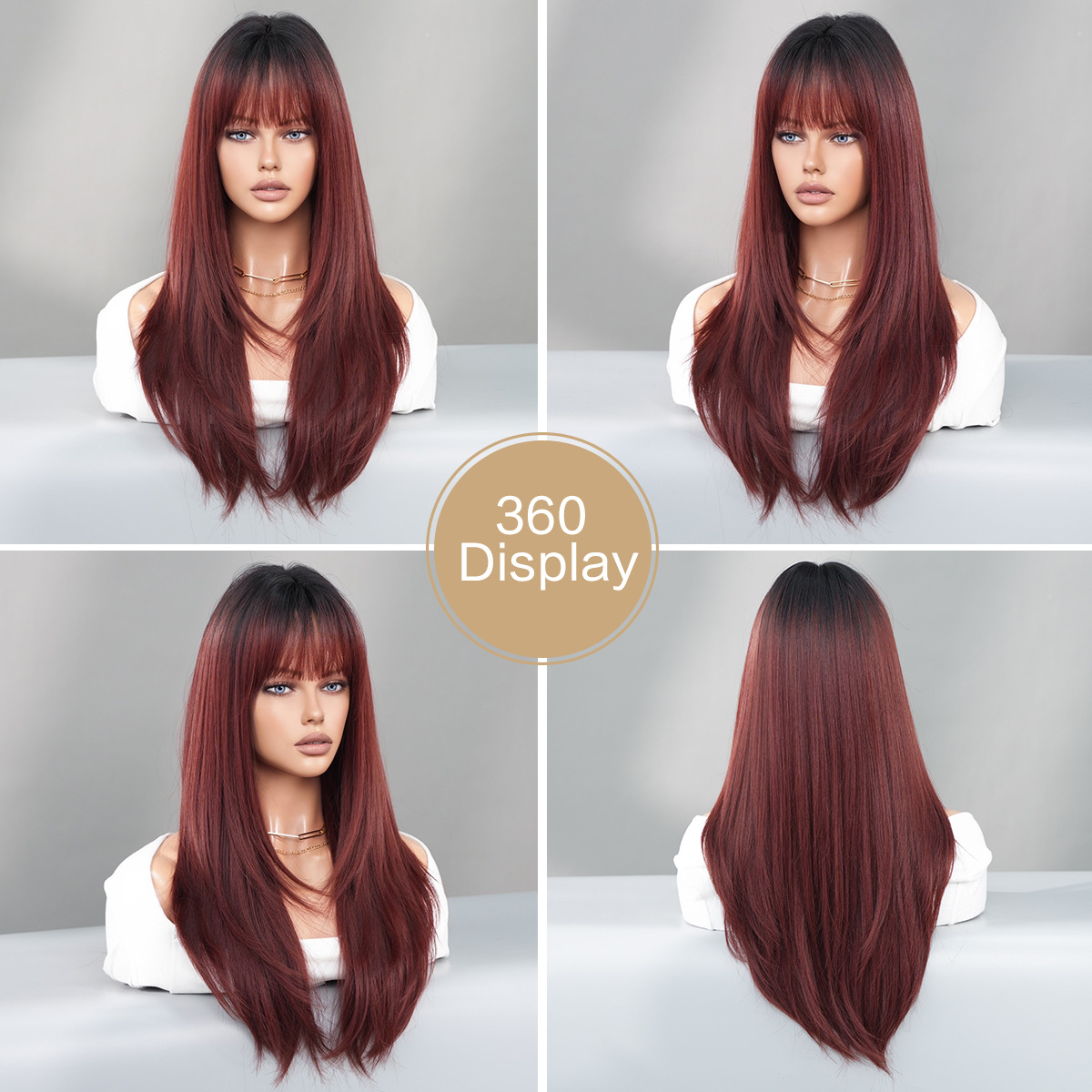 A trendy dark red wig featuring long, curly synthetic hair, perfect for a ready-to-wear fashionable style