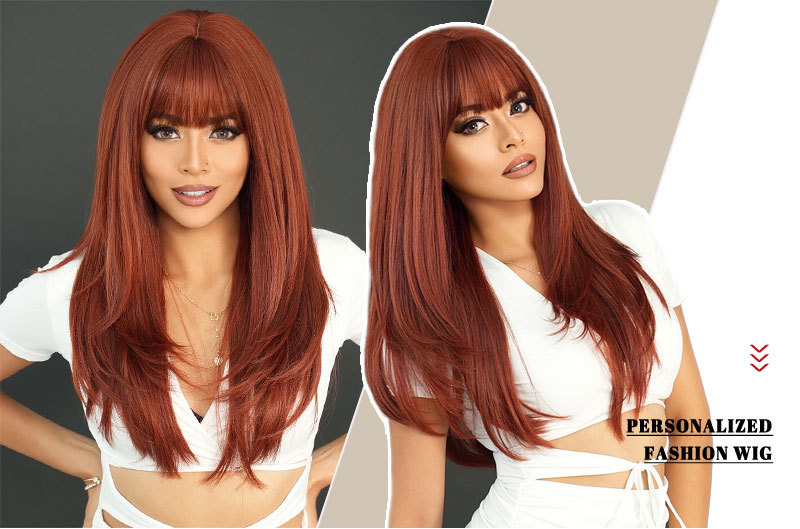 A stylish synthetic wig in wine red with long curly hair, designed to be fashionable and ready to wear