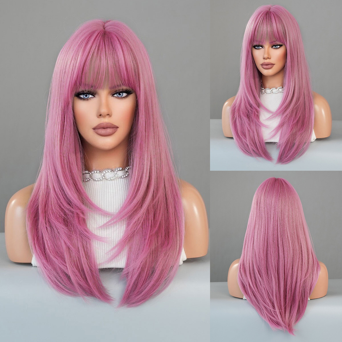 A synthetic wig with vibrant multicolor long curly hair and airy bangs, ready for use