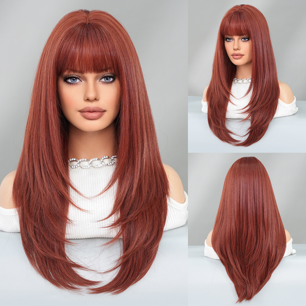 A synthetic wig designed for women, featuring multicolor long curly hair and stylish puffy air bangs