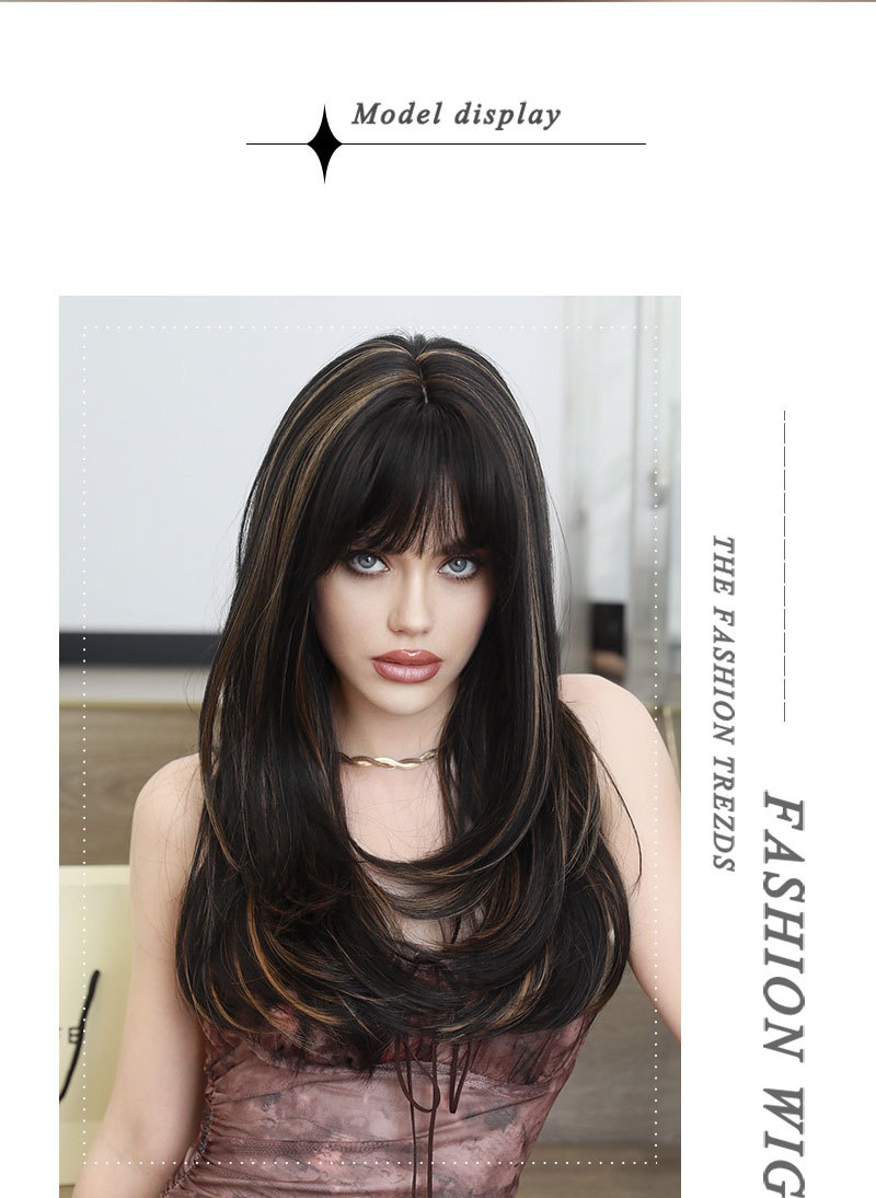 A synthetic wig with multicolor long curly hair and puffy air bangs, designed for women