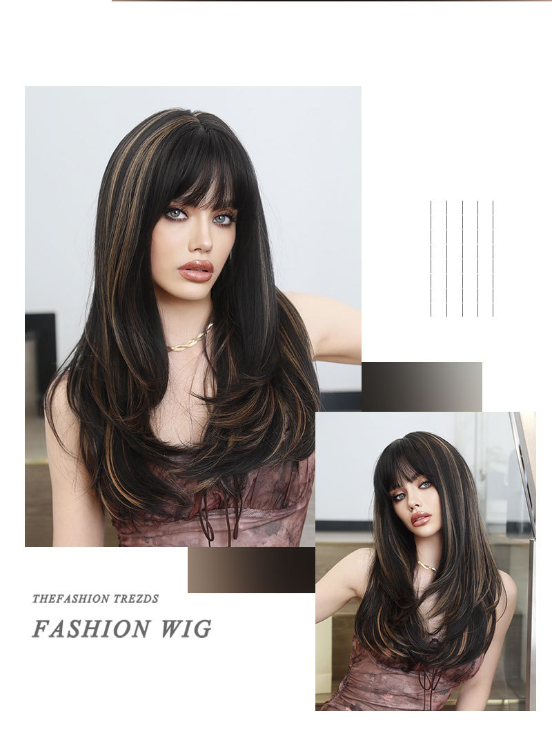 A synthetic wig featuring colorful long curly hair and voluminous air bangs, ready to wear
