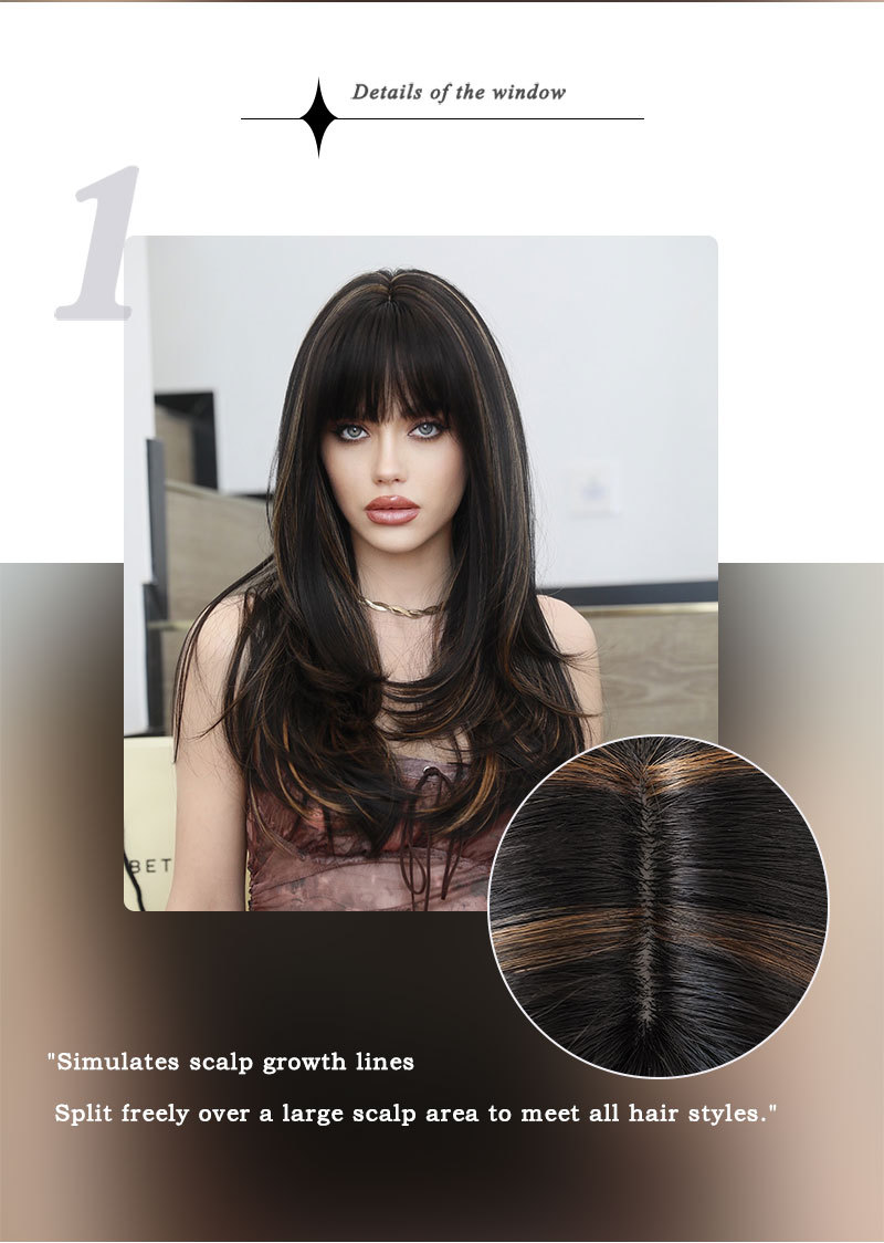 A synthetic wig with multicolor long curly hair and puffy air bangs, ready to wear