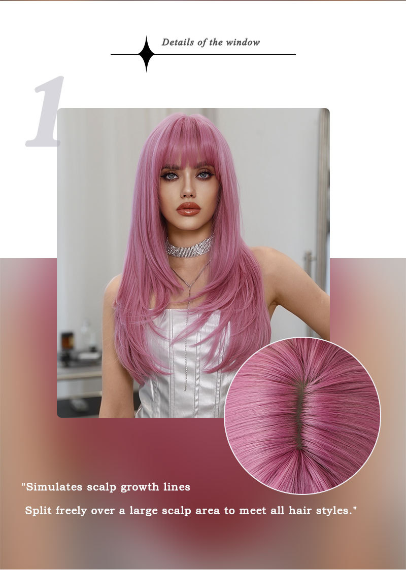 A synthetic wig with long curly pink hair, ready to go for instant style