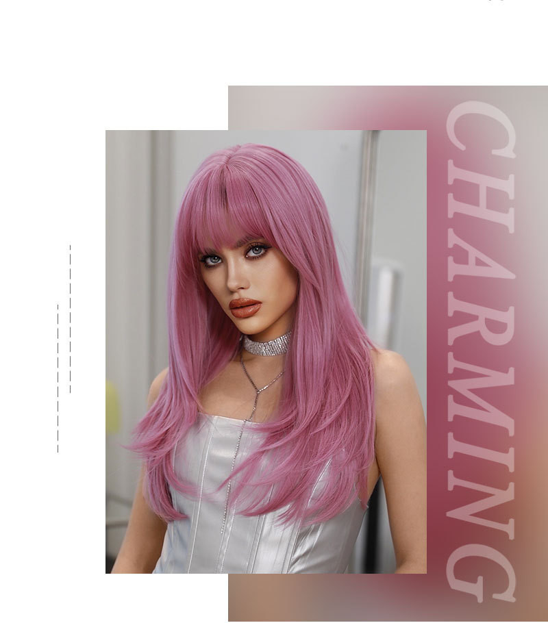 A vibrant pink synthetic wig with long curly hair, ready to go for instant style