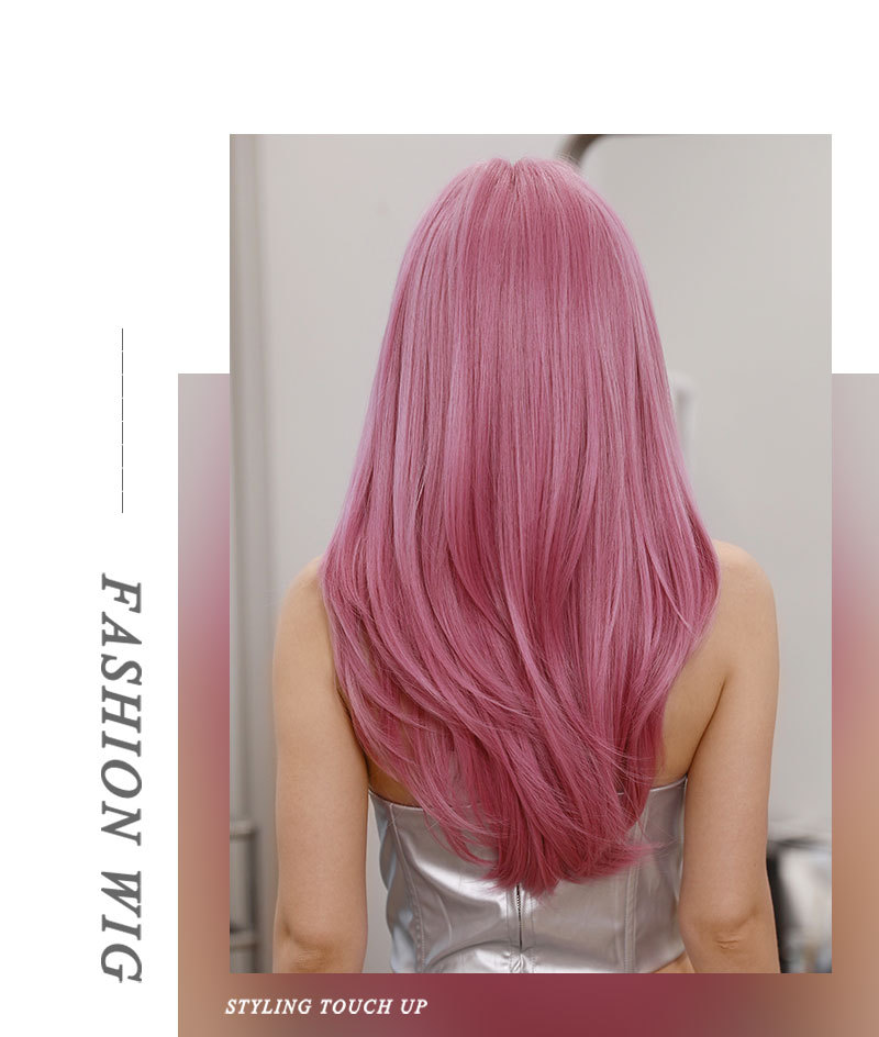 A stylish synthetic wig in pink with long curly hair, ready to go for any occasion