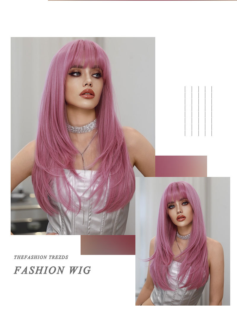 A fashionable synthetic wig in pink featuring long curly hair, ready to go for a trendy look