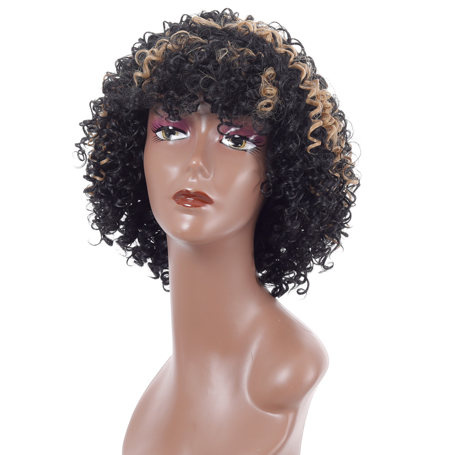 Fashionable short curly hair synthetic wig in black highlight blonde color, with afro small curly wig headgear