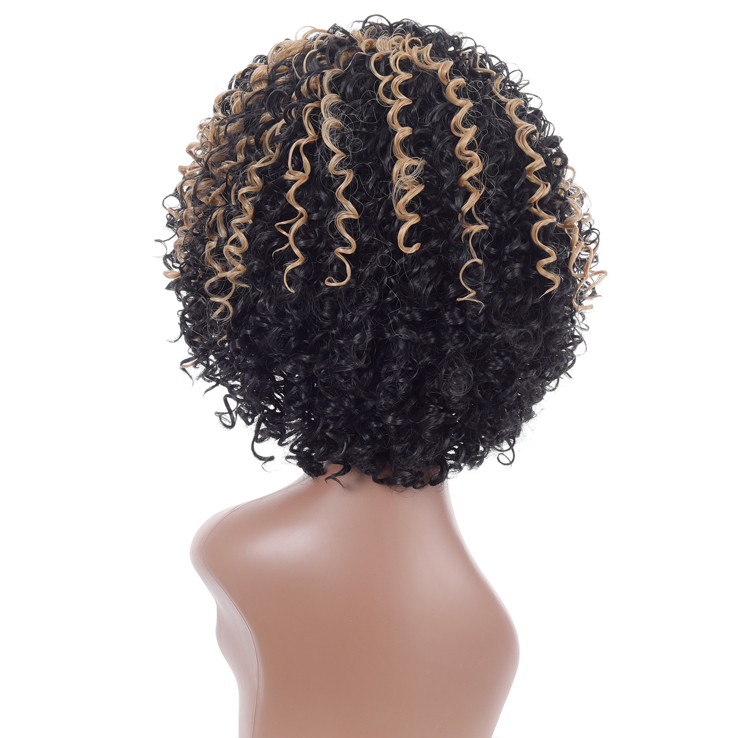 Chic black highlight blonde synthetic wig with short curly hair, designed with women's afro small curly wig headgear