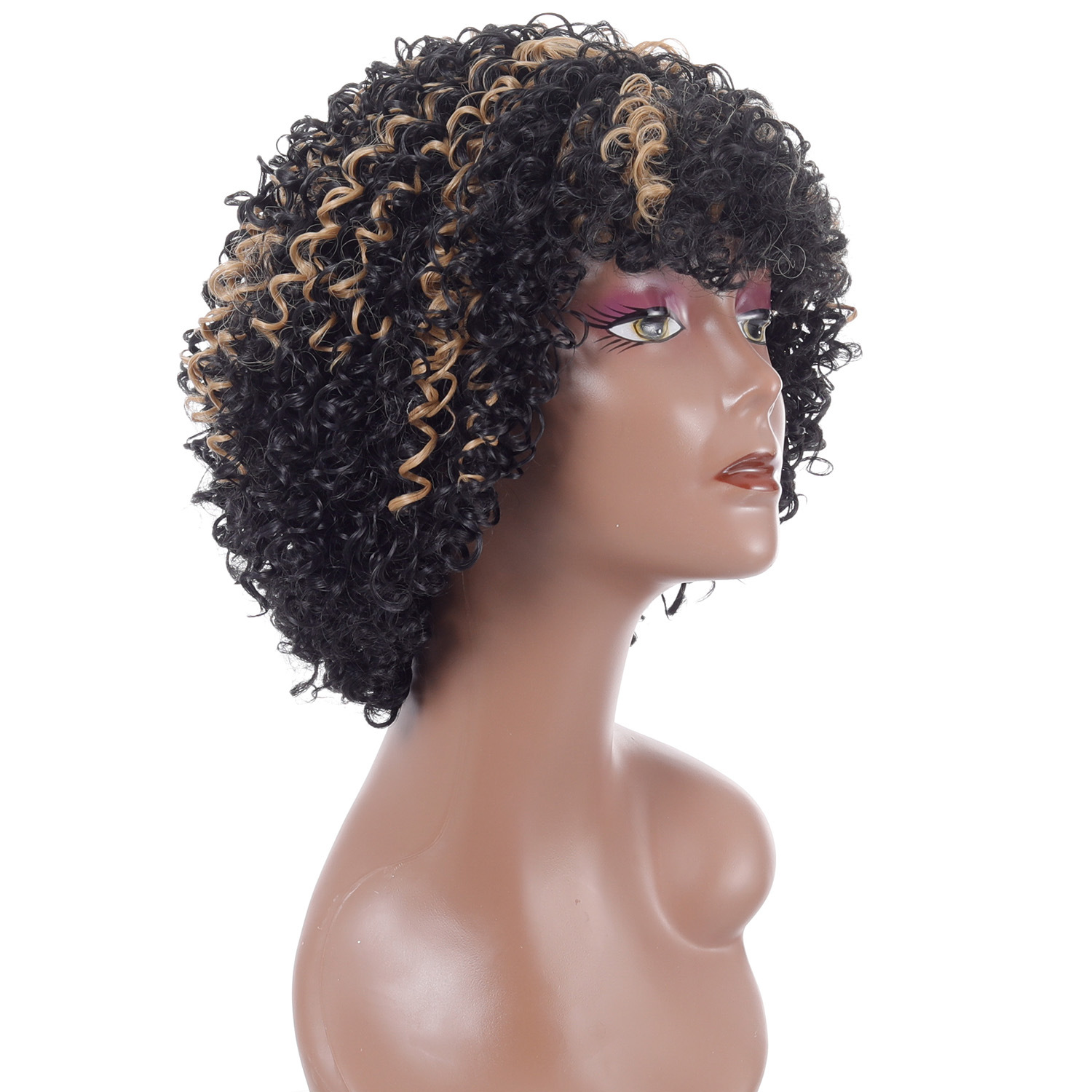 Headgear featuring afro small curly wig design for women, part of a black highlight blonde short curly hair wig