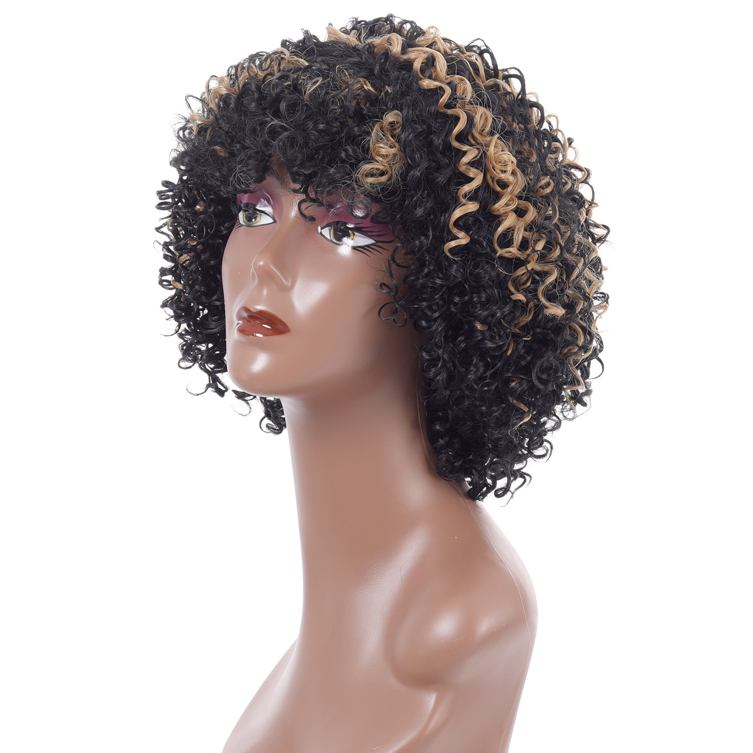 Synthetic wig with short curly hair in black highlight blonde color, includes women's afro small curly wig headgear