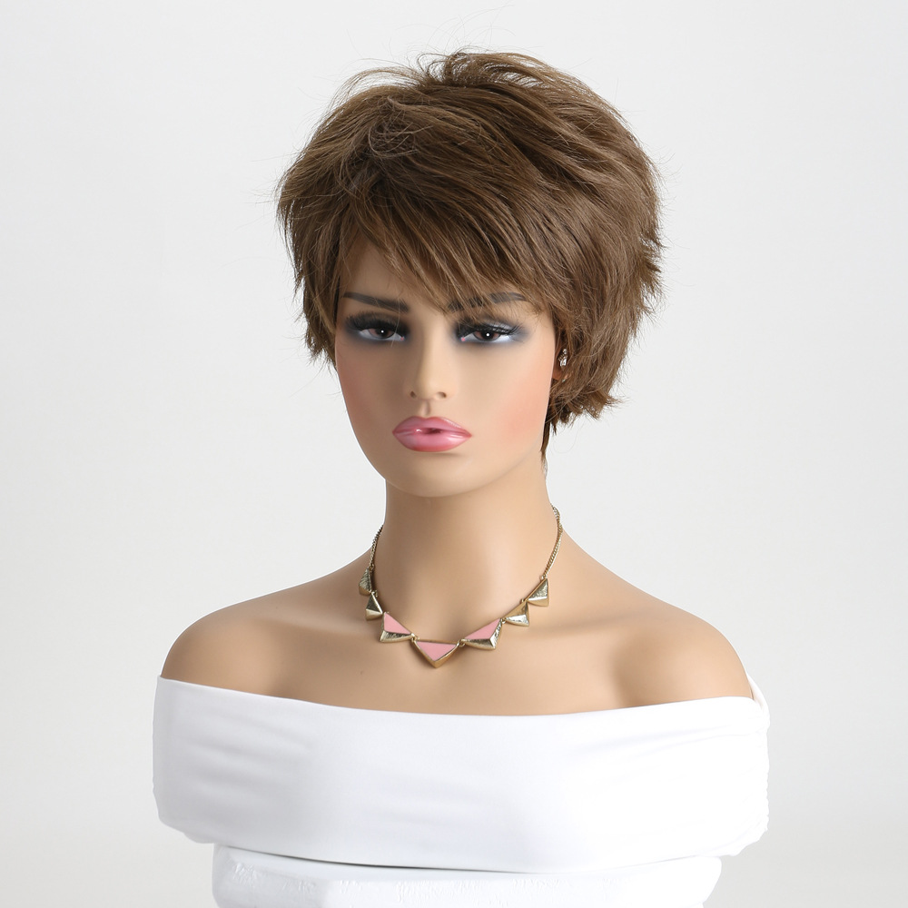 A small curly wig for women in light brown, styled with short curly hair and headgear for convenienc