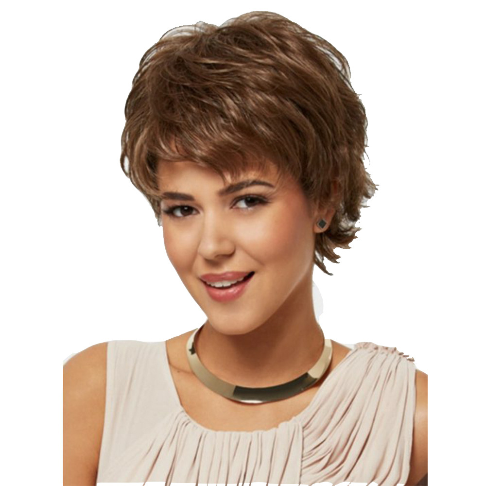 A small curly wig for women in light brown, featuring short curly hair and headgear for easy styling