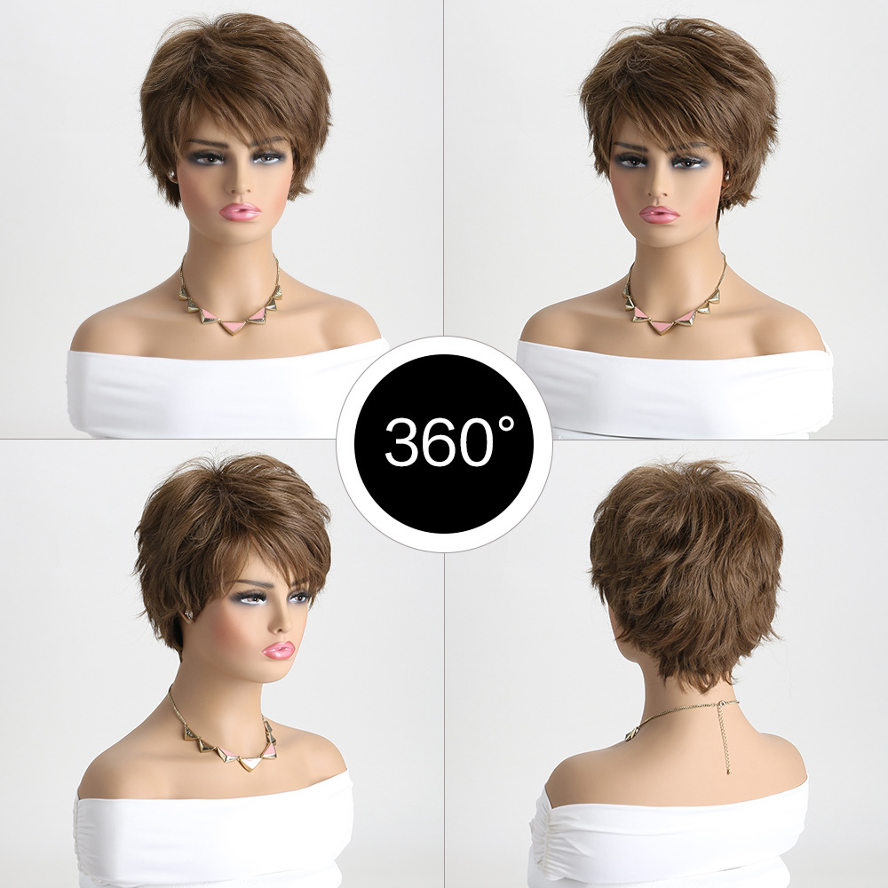 Showcase chic curls with this small curly wig in light brown, designed with headgear for women's convenience