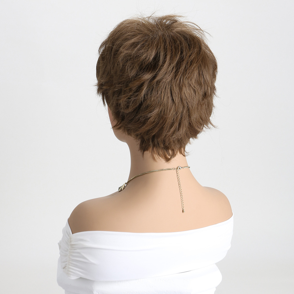 A synthetic wig designed for women in light brown, featuring short curly hair and headgear, ideal for a small curly style.