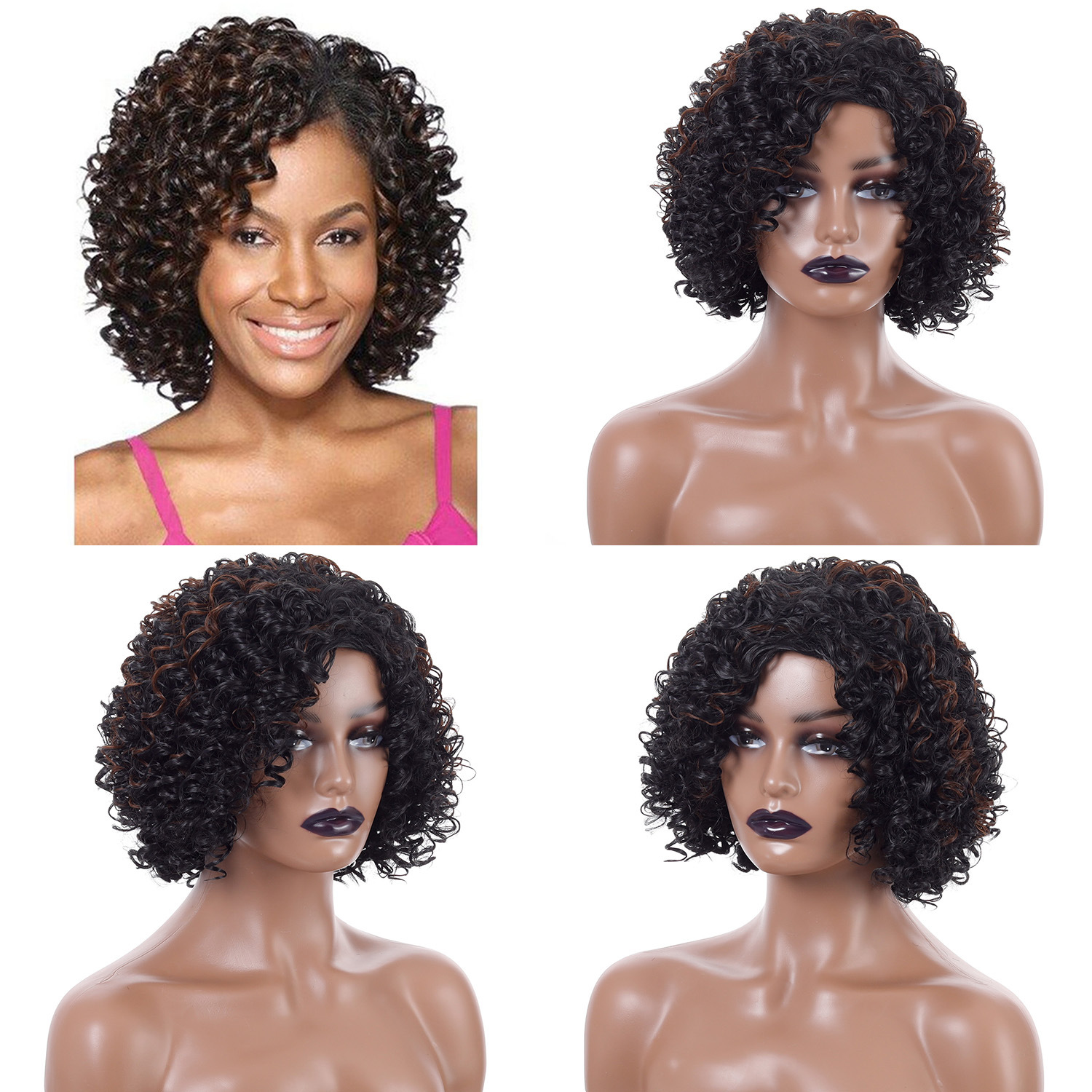 Stylish black highlight brown synthetic wig with short curly hair, includes afro small curly wig headgear for women