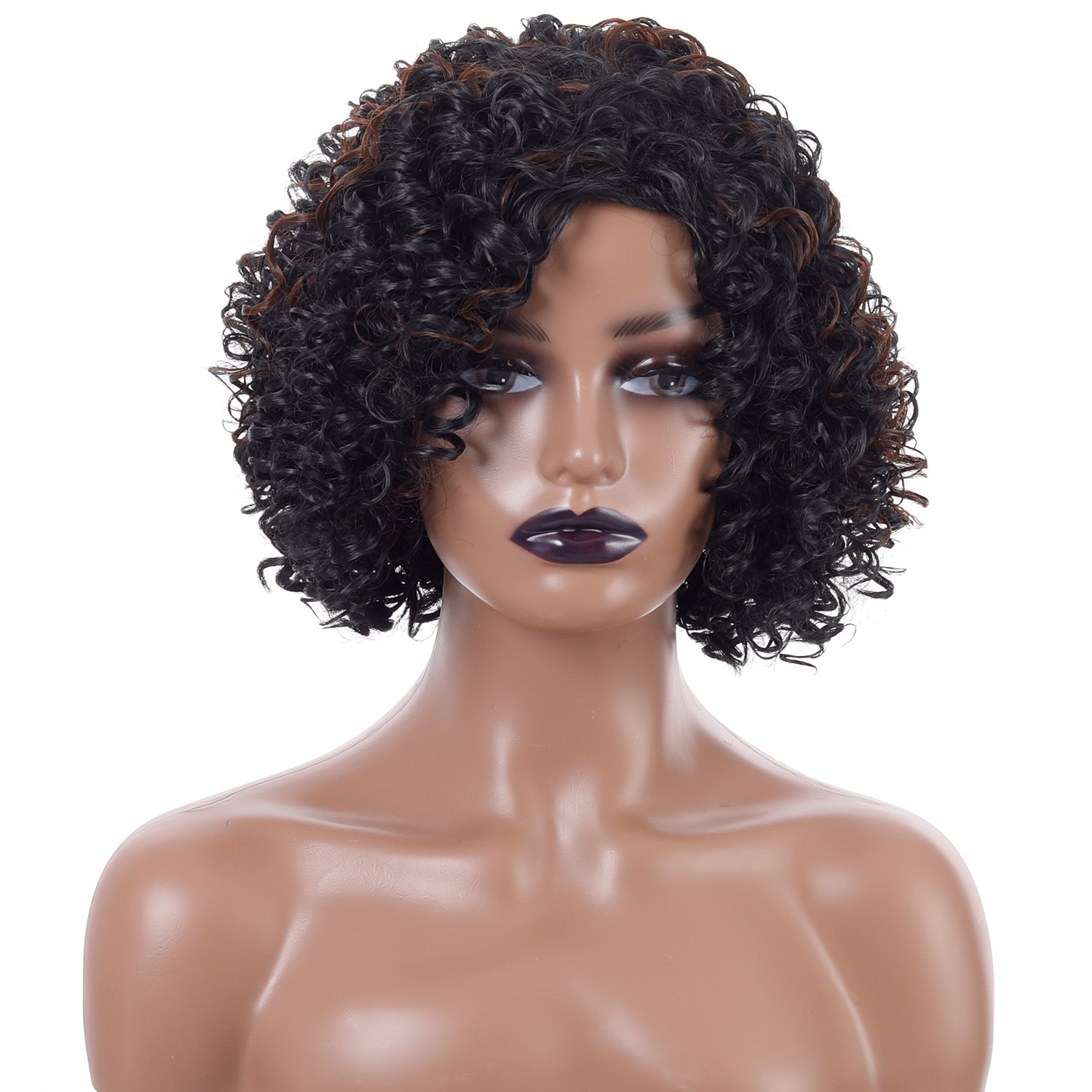 Stylish black highlight brown synthetic wig featuring short curly hair with afro small curly wig headgear for women
