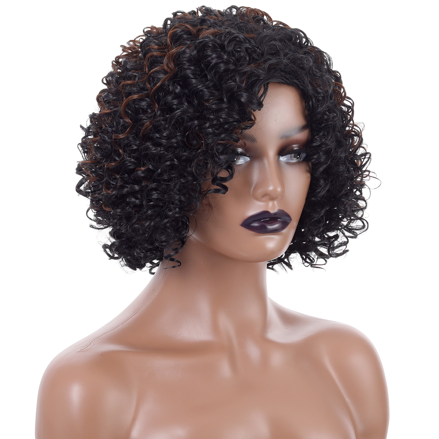 Fashionable short curly hair synthetic wig in black highlight brown color, with afro small curly wig headgear