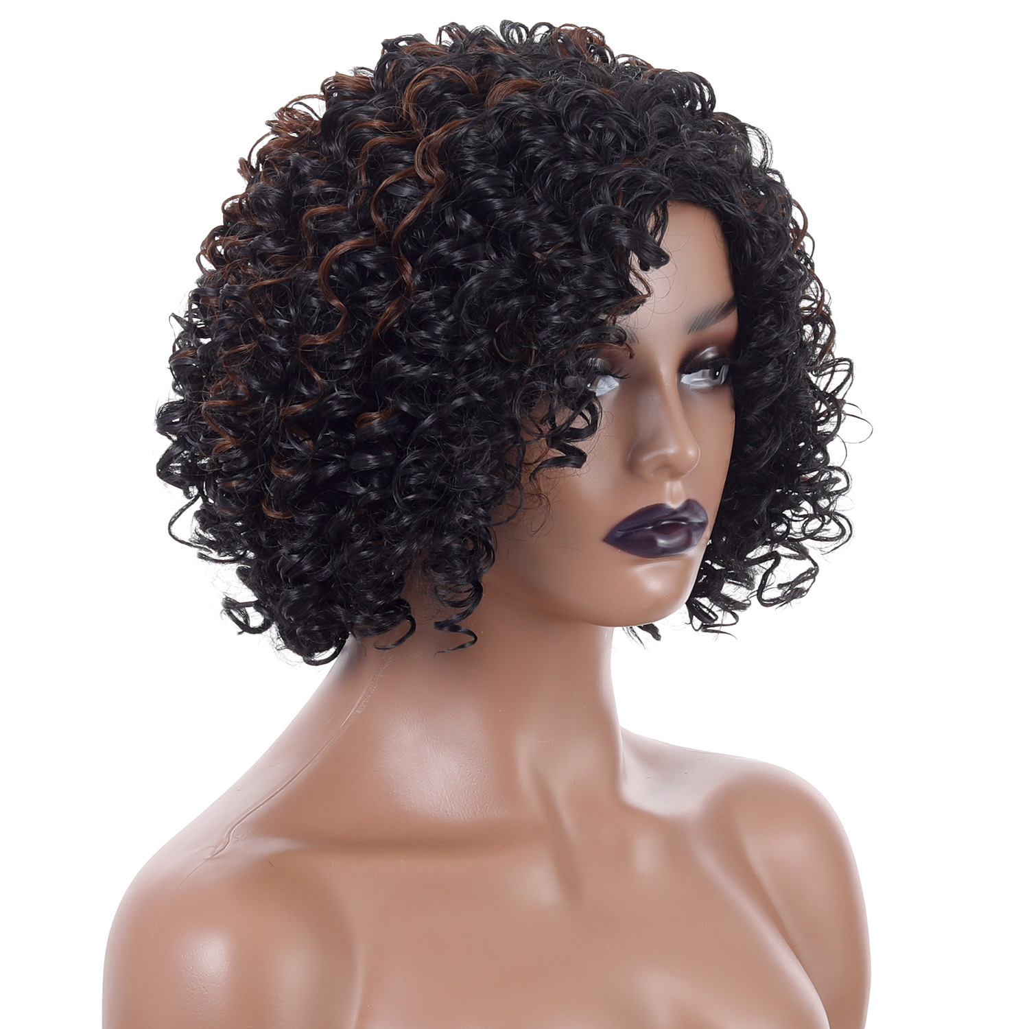 Chic black highlight brown synthetic wig with short curly hair, designed with women's afro small curly wig headgear