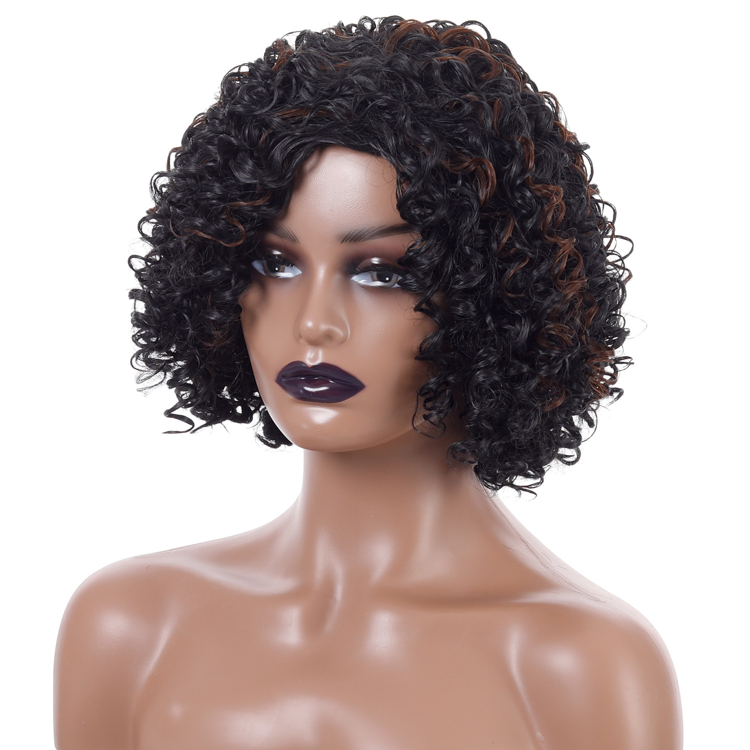 Synthetic wig with short curly hair in black highlight brown color, includes women's afro small curly wig headgear