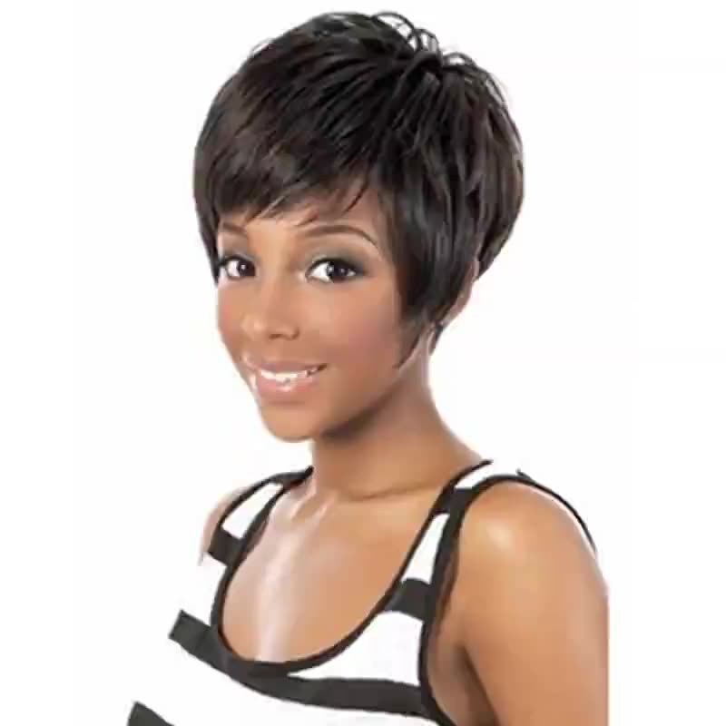 Stylish brown synthetic wig featuring short straight hair with headgear