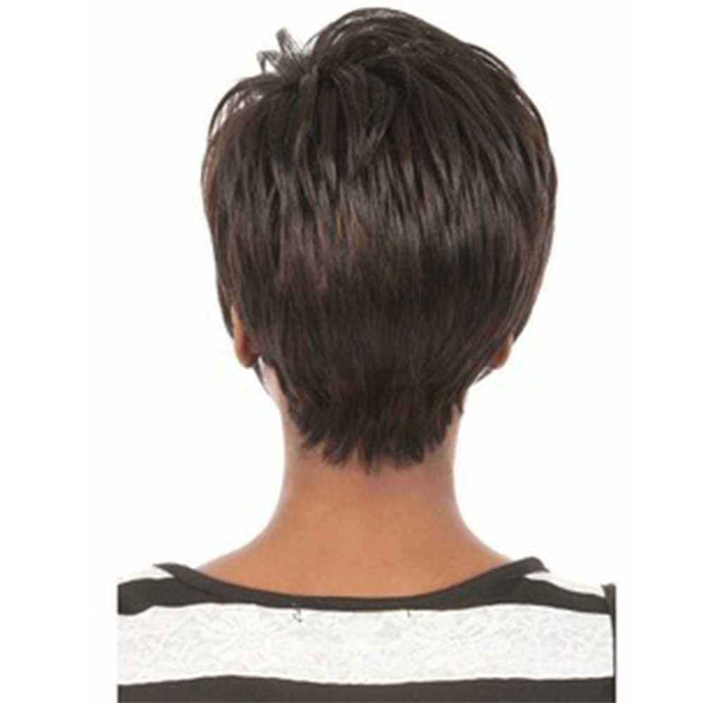 Chic brown synthetic wig with short straight hair and headgear, designed for a stylish look