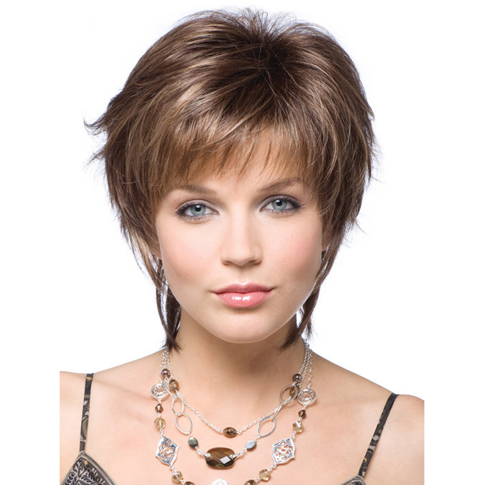 Image of a synthetic wig with women's fashion brown short micro curly hair, designed as a stylish head cover
