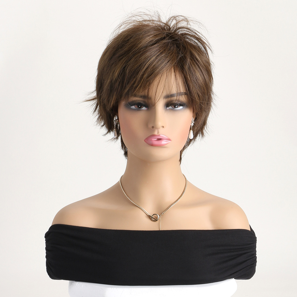 A fashionable synthetic wig designed for women, showcasing brown short micro curly hair, ideal as a head cover.